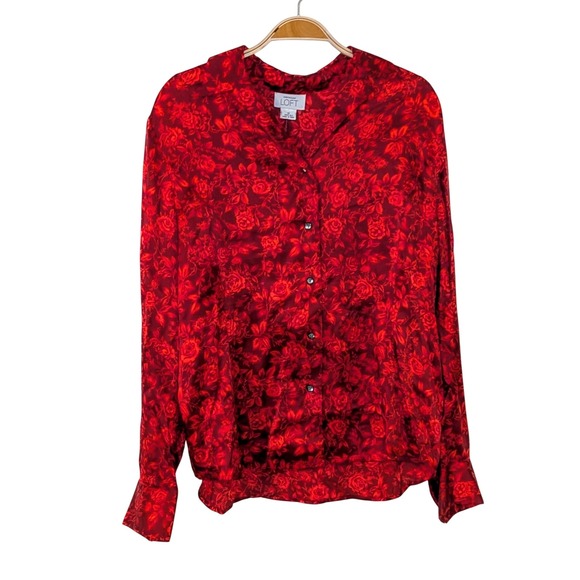 LOFT Ann Taylor Silk Blouse Red Floral Button Down Long Sleeve Top Size 12 NWT - Picture 1 of 7